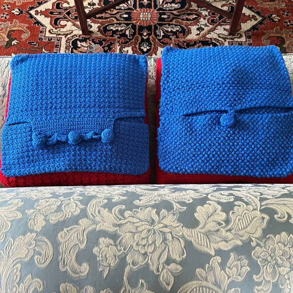 Hand Crafted Bright Blue Knit Throw Pillow Cover 18 x 18 Hand Crochet Heirloom